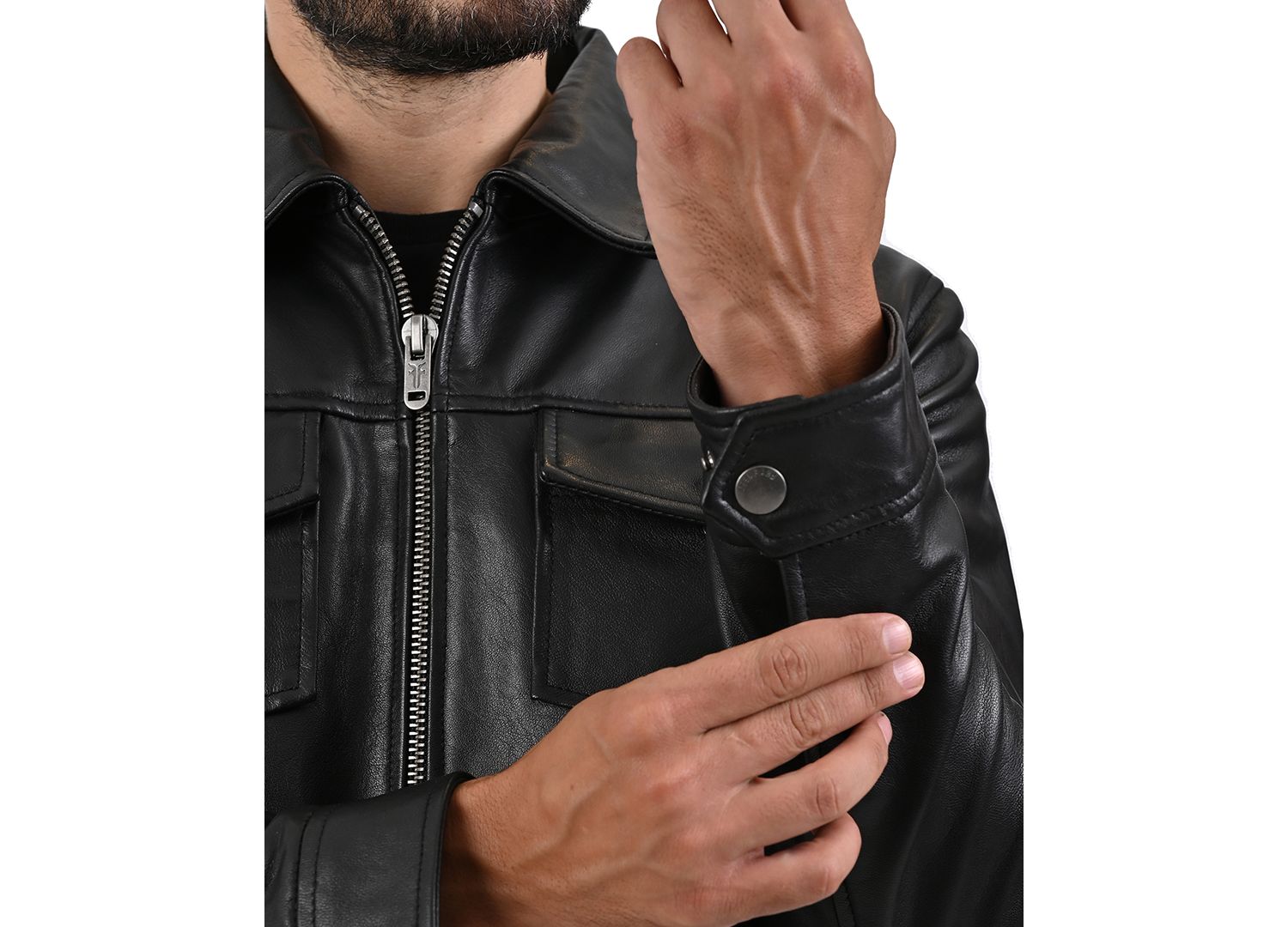 Men's Genuine Leather Regular-Fit Collared Neck Jacket