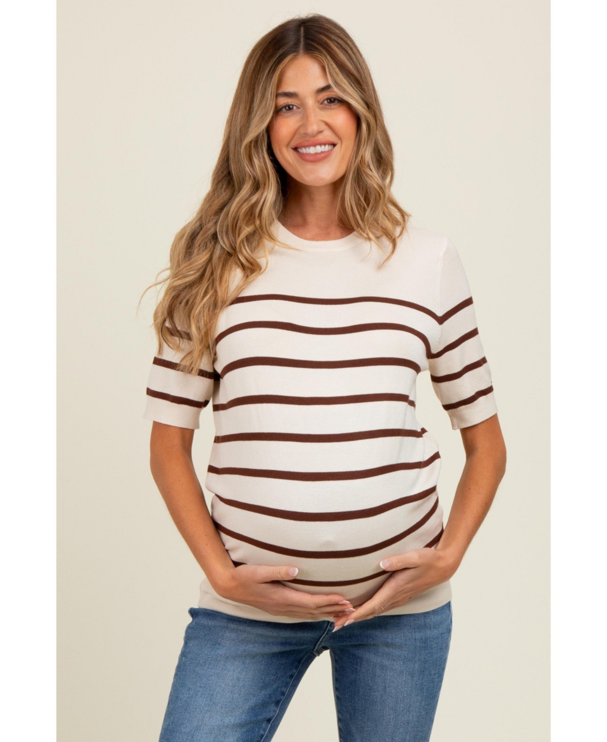 Pinkblush Maternity Navy Blue Striped Knit Short Sleeve Top