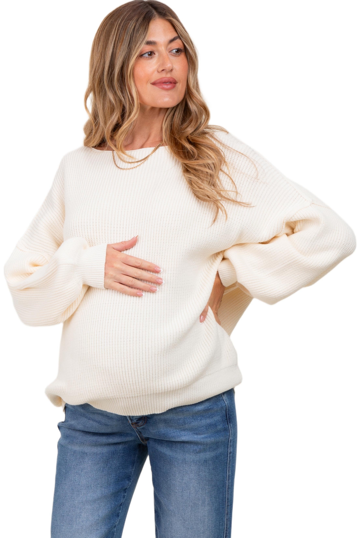 Pinkblush Maternity Cream Balloon Sleeve Boat Neck Knit Sweater