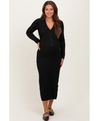 Maternity Black Ribbed Knit Button Down Long Sleeve Midi Dress