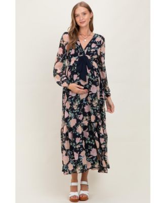 Maternity Navy Floral Chiffon Bow Tie Front Maxi Dress
