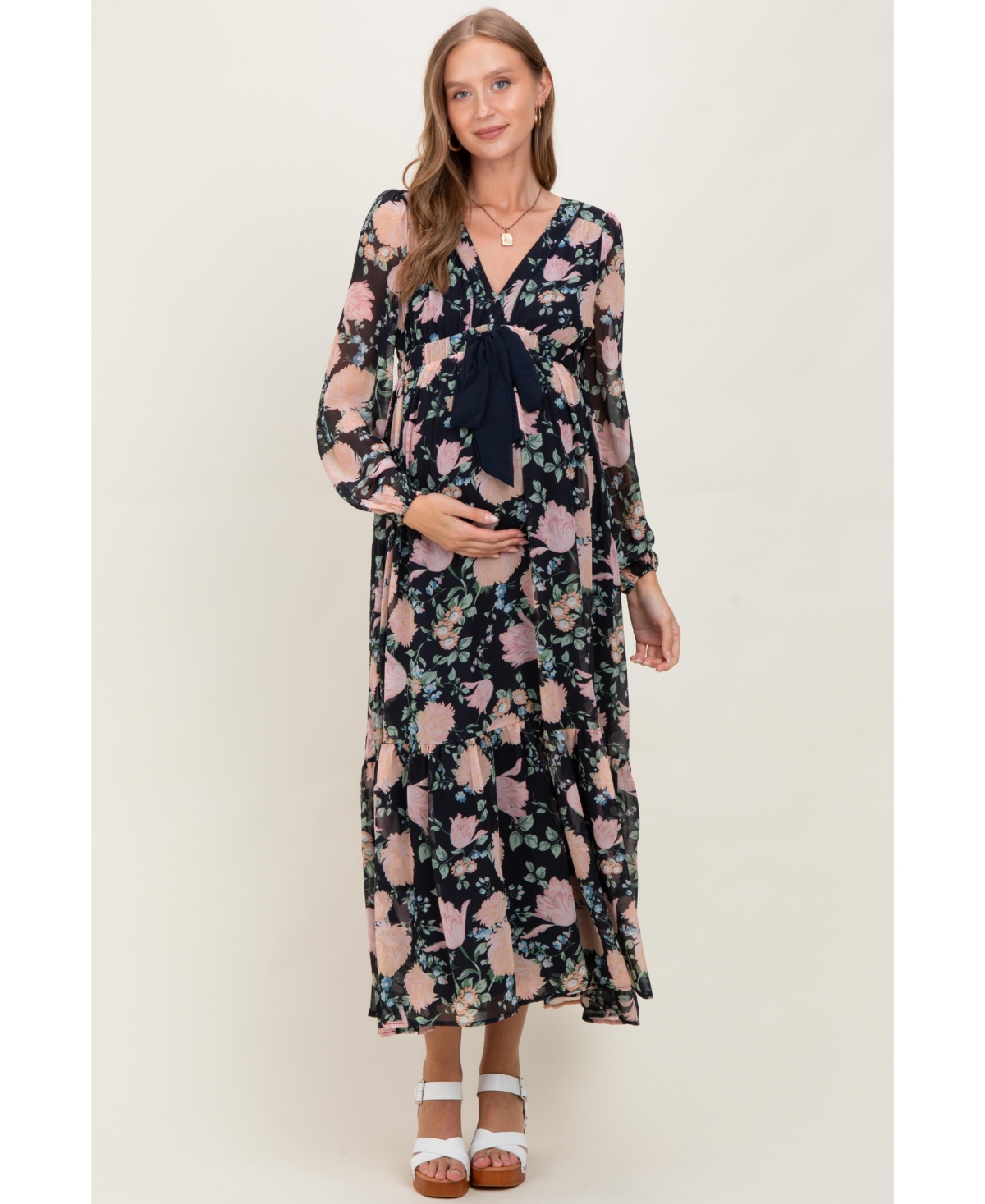 Pinkblush Maternity Navy Floral Chiffon Bow Tie Front Maxi Dress