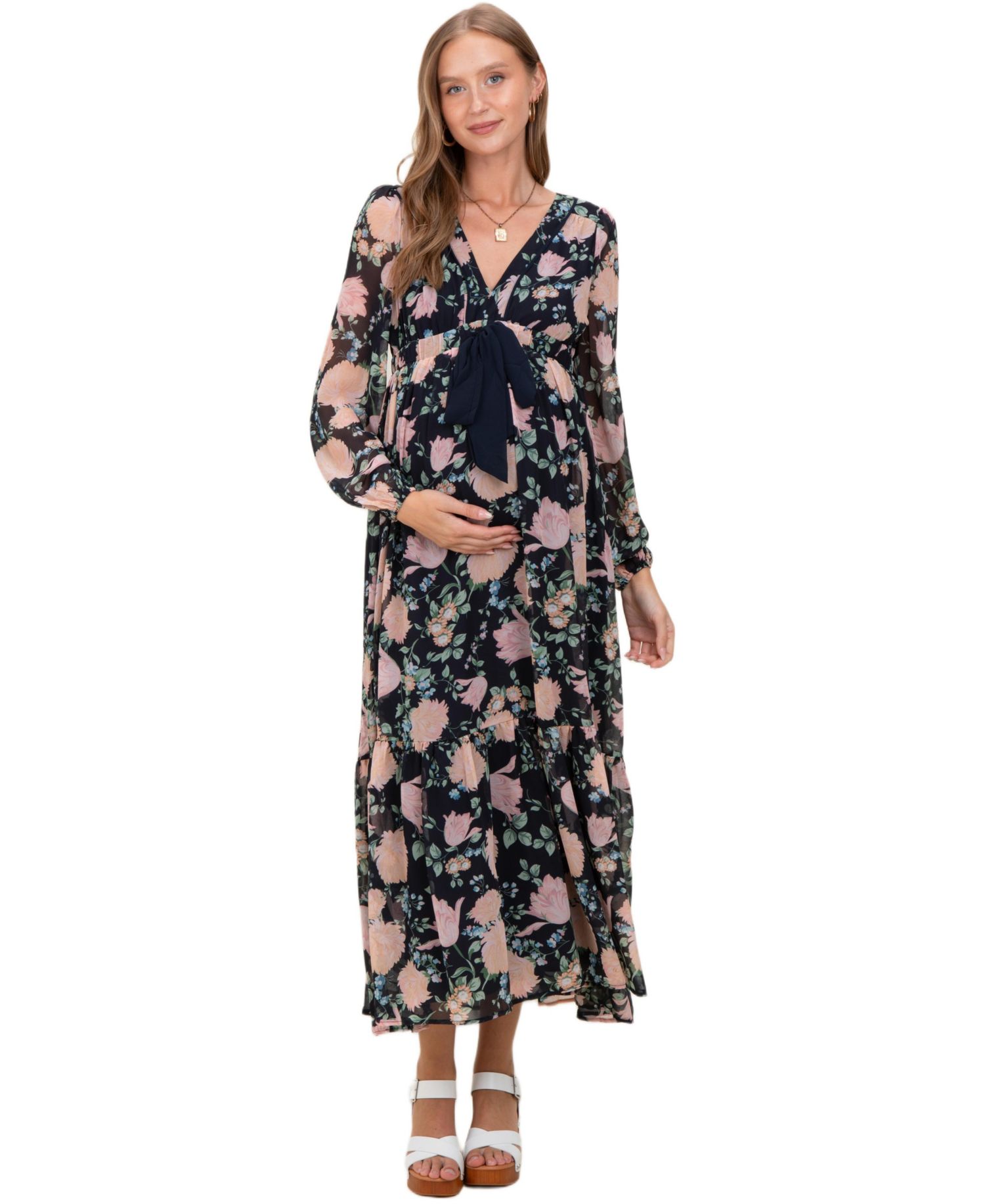 Women's Navy Floral Chiffon Bow Tie Front Maxi Dress