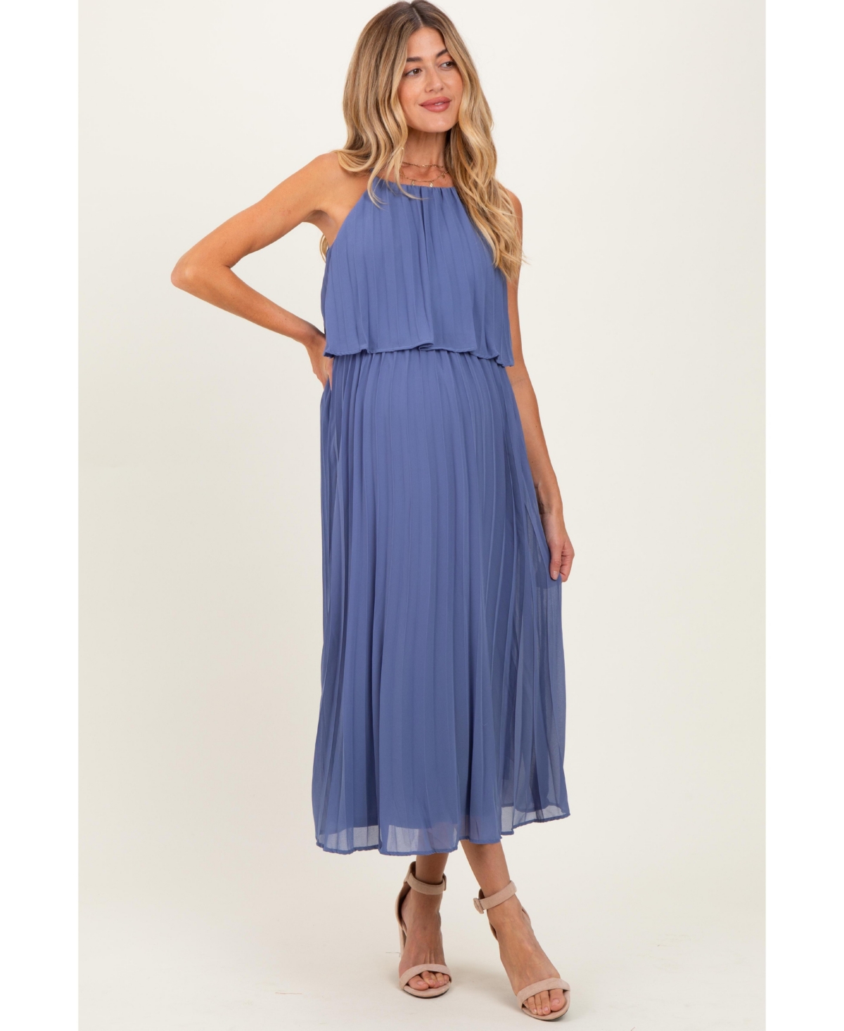 Pinkblush Maternity Light Navy Pleated Woven Midi Dress