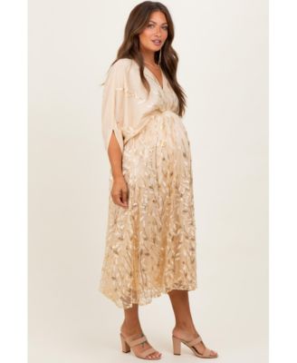 Maternity Dresses Light Gold Embroidered Tulle Dolman V-Neck Midi Dress