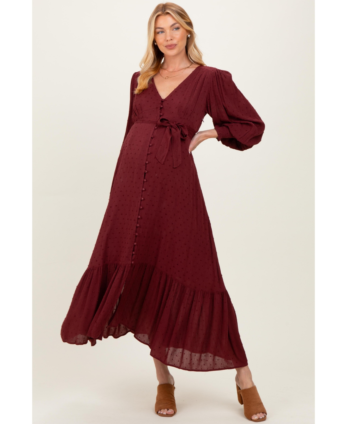 Pinkblush Maternity Burgundy Swiss Dot Button Down Maxi Dress