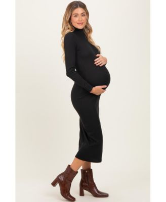 Maternity Black Turtle Neck Long Sleeve Rib Fitted Midi Dress