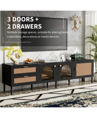 Rattan TV Stand with 3 Cabinets & 2 Drawers Media Console Table for TVs up to 80" with LED Light