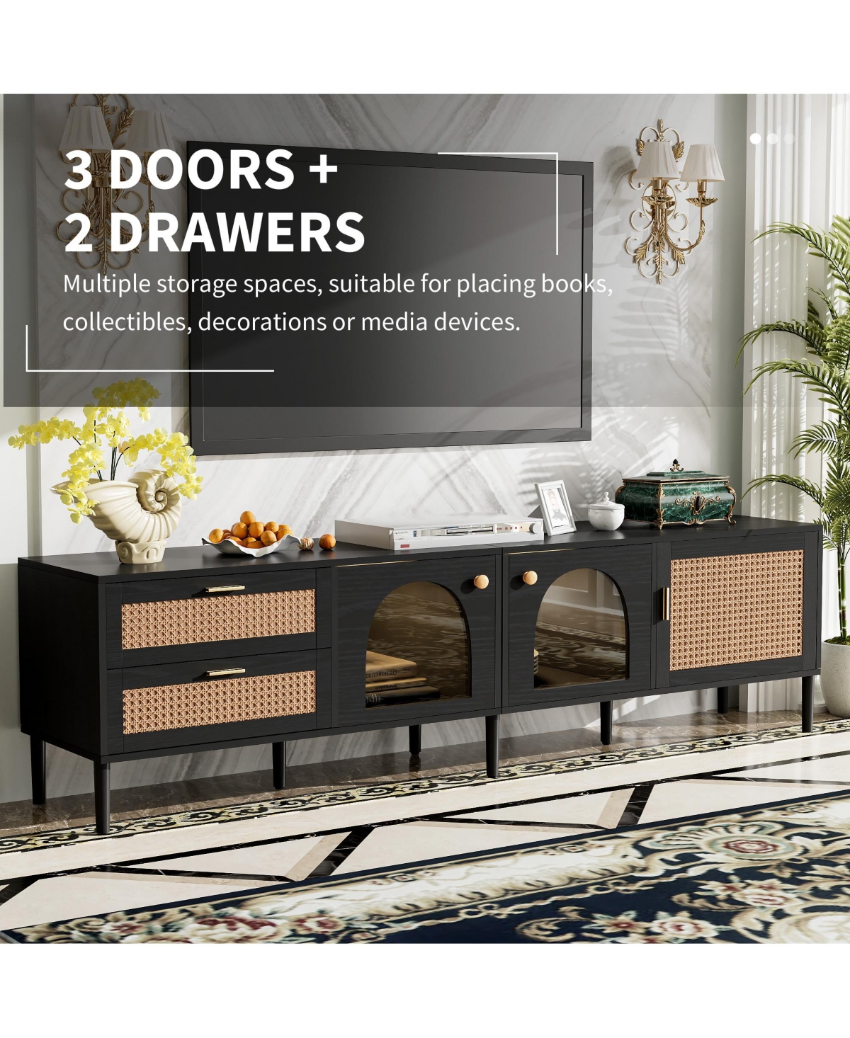 Casainc Rattan Tv Stand with 3 Cabinets & 2 Drawers Media Console Table for TVs up to 80" with Led Light