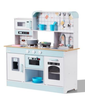 Wooden Play Kitchen for Kids, Toy Kitchen Set with Lights & Sounds, Ice Maker, Oven, Sink, Microwave, Fridge & Accessories