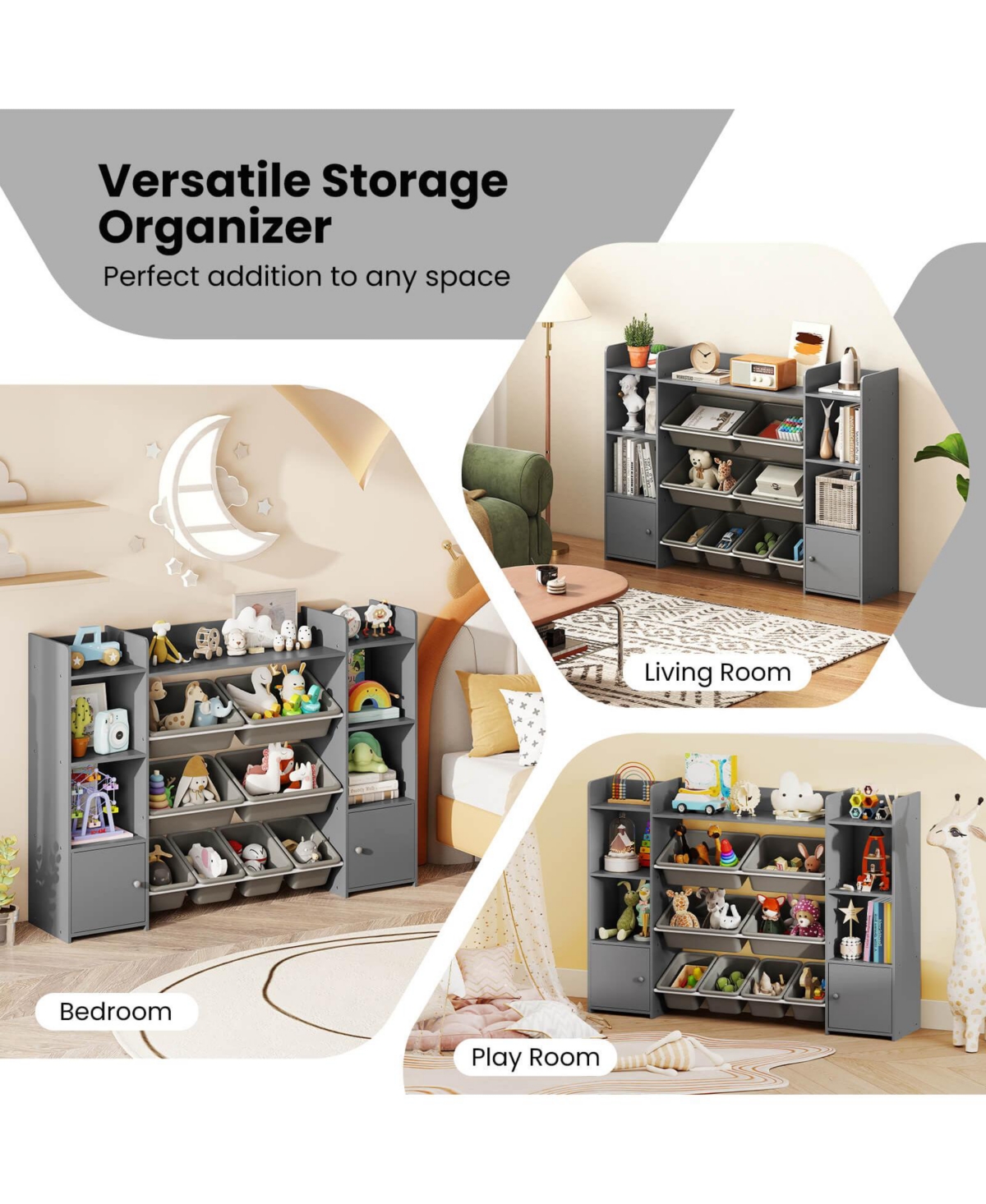 4-Tier Large Storage Cabinet with 6 Cubbies & 8 Removable Bins Bookshelf