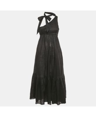 Women's Black Linen Tie Neck Detail Empire Mid Dress
