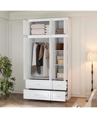 6-Door Big Wardrobe Armoires with Hanging Rod, 4-Drawers, Storage Shelves