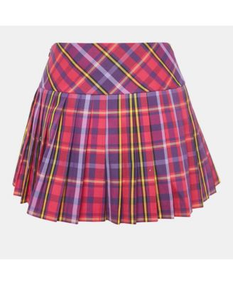 Women's Purple/multicolor Plaid Cotton Blend Pleated Skirt