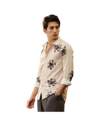 Men's Ecru Beige & Midnight Black Withering Flora Imprint Shirt