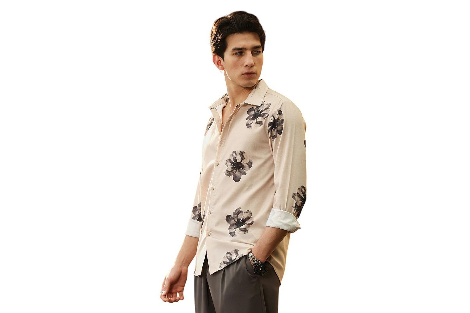 Men's Ecru Beige & Midnight Black Withering Flora Imprint Shirt
