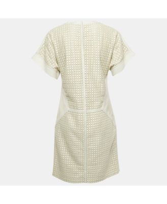 Women's Light Grey Patterned Cotton And Leather Short Dress