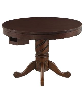 Tobacco Finish Reversible Game Table with cup holders, carved pedestal, velvet surface, converts dining to gaming.