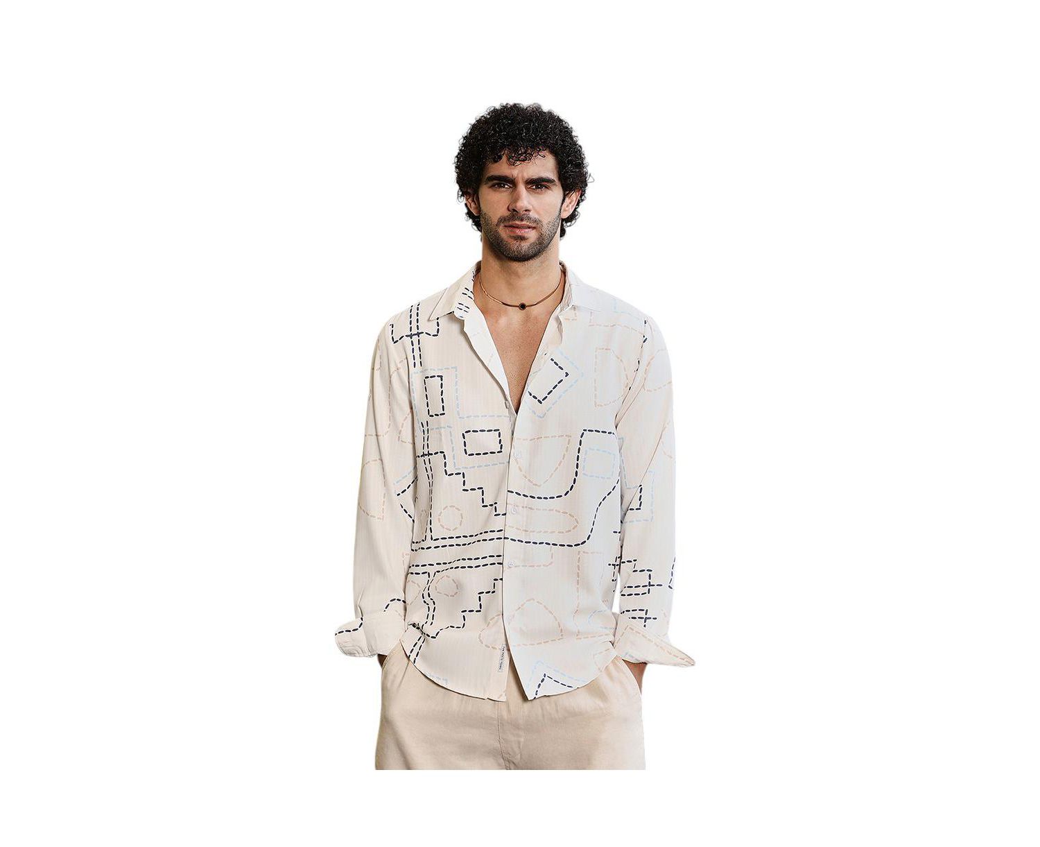Men's Off-White & Navy Blue Thread-Lines Shirt