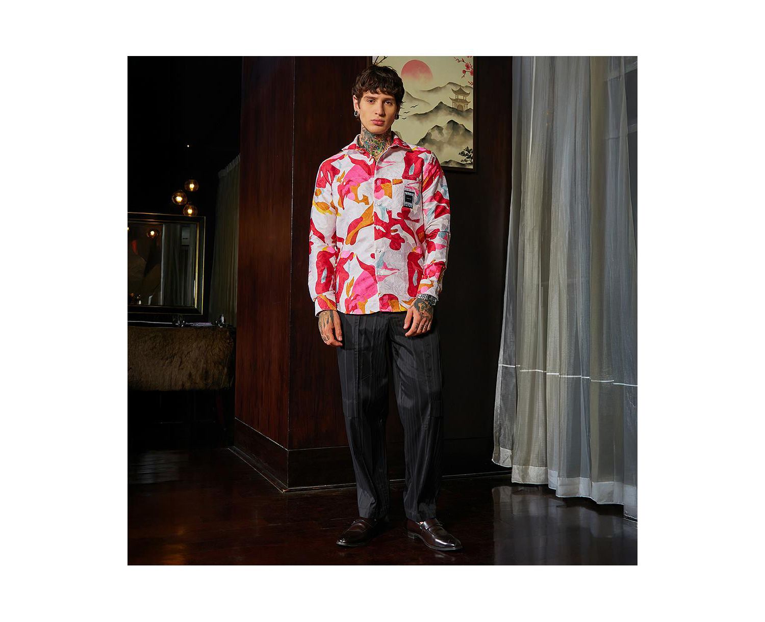 Men's Cream White & Scarlet Red Floral-Tactile Relaxed Shirt