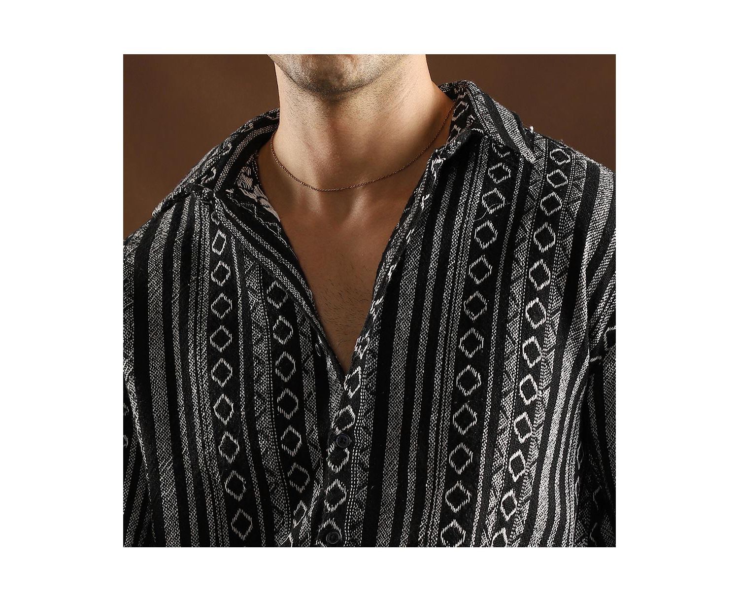 Men's Onyx Black Folk-Weave Shirt