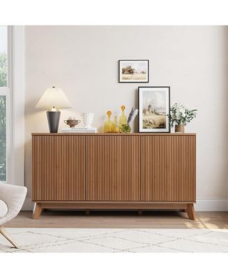 58" Modern Farmhouse Buffet Cabinet with Curved Doors & Adjustable Shelves - Wood Storage Sideboard for Dining Room, Walnut Wood Color