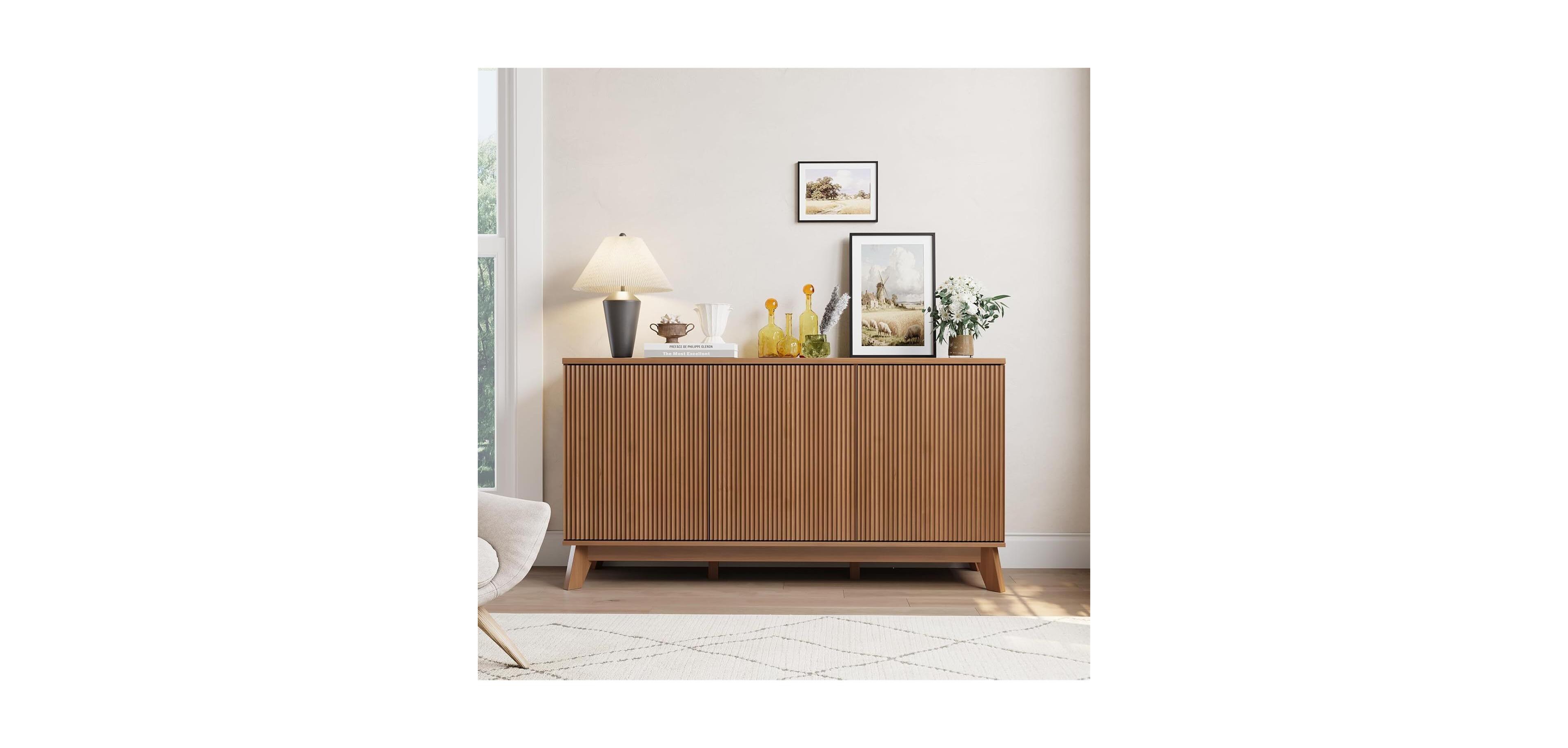 gaomon 58" Modern Farmhouse Buffet Cabinet with Curved Doors & Adjustable Shelves - Wood Storage Sideboard for Dining Room, Walnut Wood Color