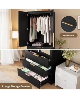 Armoire Wardrobe Closet, 69.5" Wooden Wardrobe Cabinet with 3 Drawers, Hanging Rod, 2 Doors Clothing Storage Cabinet