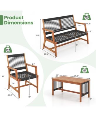 Patio 4pcs Acacia Wood Conversation Table & Chair Set Hand-Woven Rope Outdoor