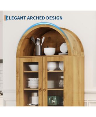 71" Tall Arched Kitchen Pantry Cabinet, Modern Farmhouse Kitchen Storage Cabinets with Open & Adjustable Shelves, Hidden Drawer & Glass Door