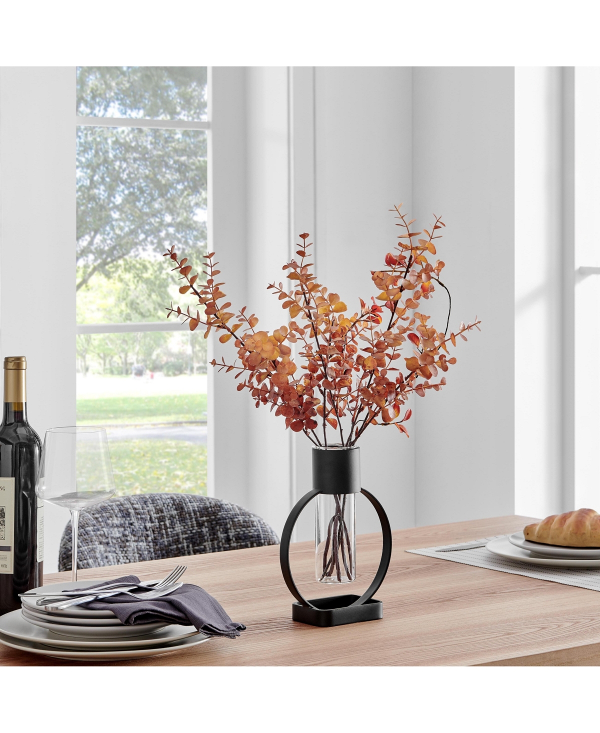 Danya B Jacob Modern Black Metal Open Circle Pedestal Clear Glass Tabletop Vase