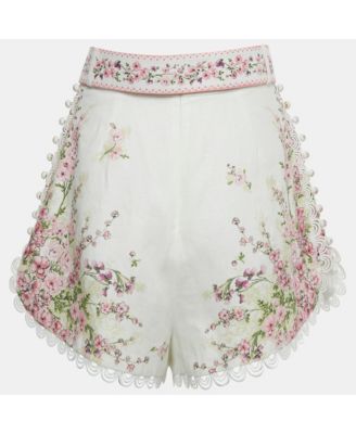 Women's Pink/white Floral Print Linen Scallop Shorts