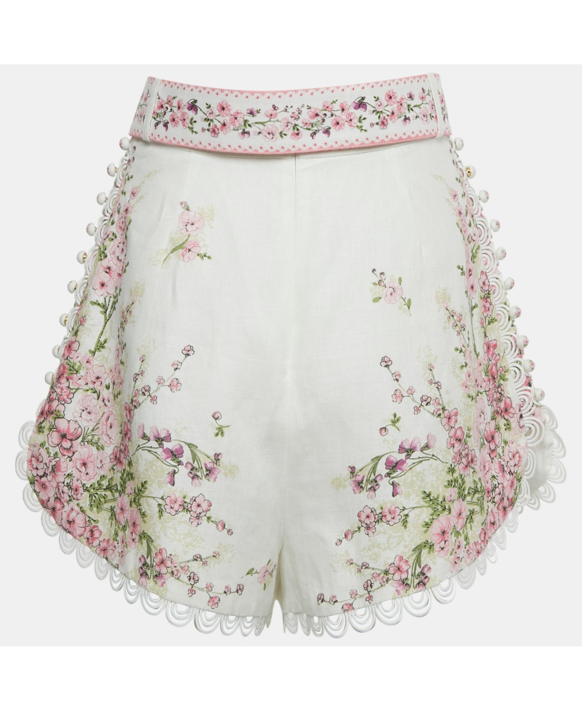 Pre-Owned Zimmermann Women's Pink/white Floral Print Linen Scallop Shorts
