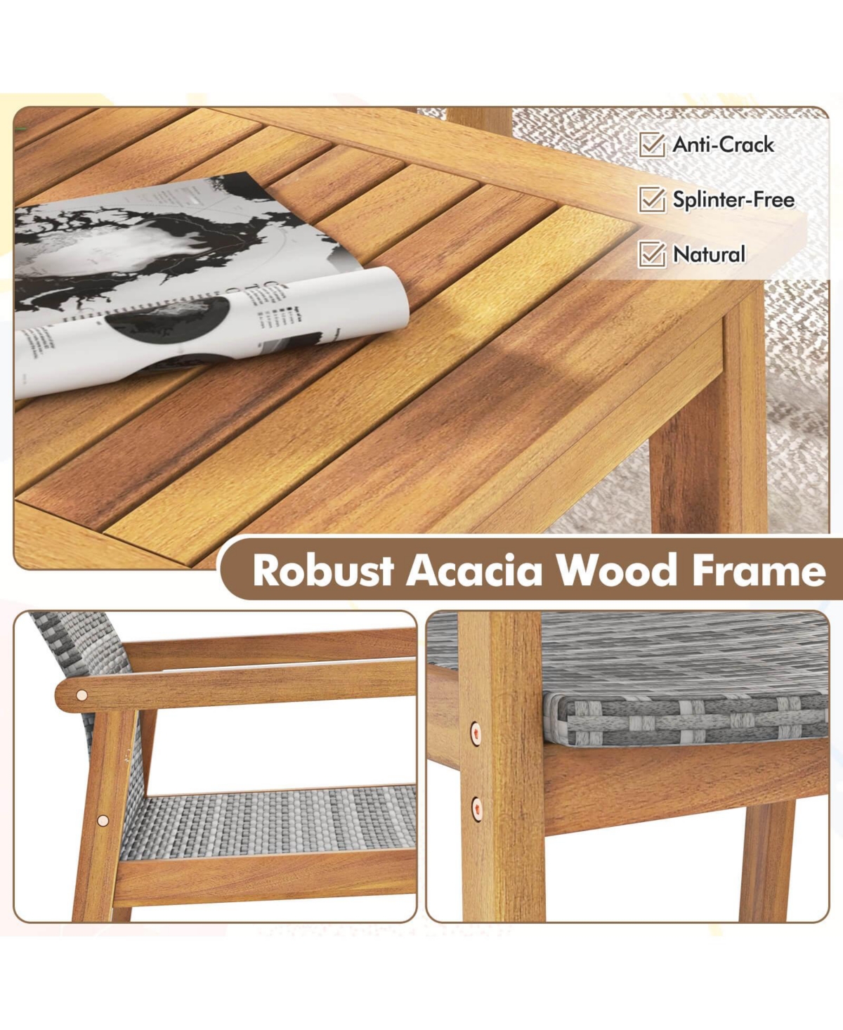 Costway 8 Pieces Outdoor Furniture Set, Acacia Wood Frame Sofa Set with Rattan Seat