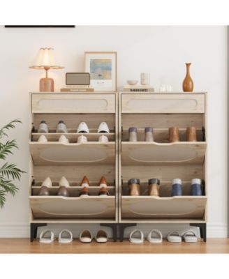 Shoe Cabinet, Rattan Shoe Storage With 2 Flip Drawer and 1 Pull-Out Drawer, Heavy Duty Metal Leg,Entryway Shoe Organizers