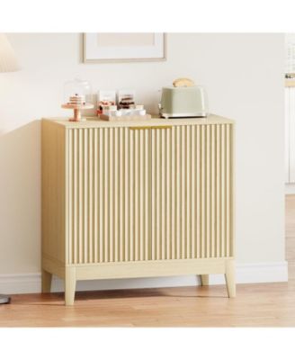 31.5" Fluted Storage Cabinet with Gold Handles, Adjustable Shelf, Oak Finish Credenza for Dining Room & Home Organization