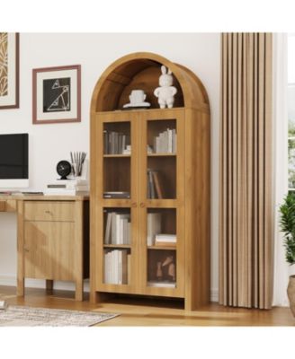 70" Tall Arched Kitchen Pantry Cabinet, 5-Tier Wood Display Storage Cabinet with Acrylic Doors Modern Freestanding Cupboard