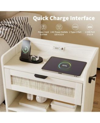 Rattan Nightstand, Bedside Table with Type-C Charging Station - 1 Storage Drawer & Open Storage Space, Boho End Table Side Table