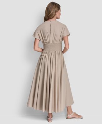Women's Poplin Smocked-Waist V-Neck Midi Dress