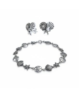 Sterling Silver Tropical Beach Jewelry Set with Sand Dollar, Starfish & Seashell Accents – Bracelet & Stud Earrings