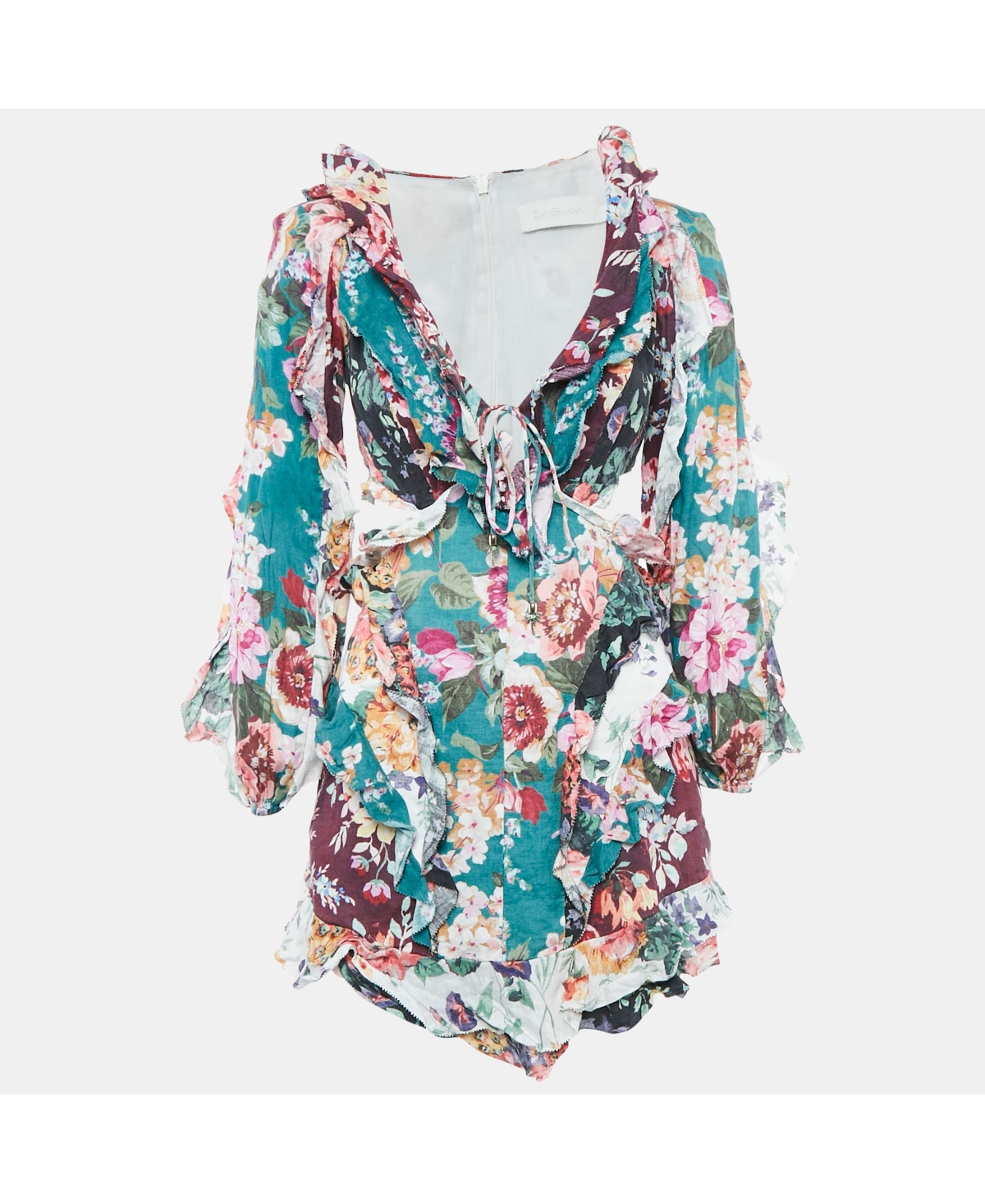 Pre-Owned Zimmermann Women's Green/burgundy Floral-Print Linen Allia Cutout Ruffled Mini Dress