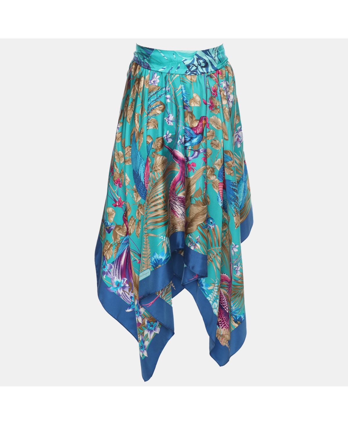 Pre-Owned Salvatore Ferragamo Women's Blue Printed Silk Belted Asymmetric Hem Skirt