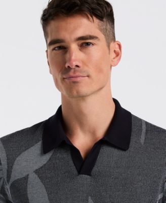Men's Short-Sleeve Leaf Patterned Open Polo Collar Sweater