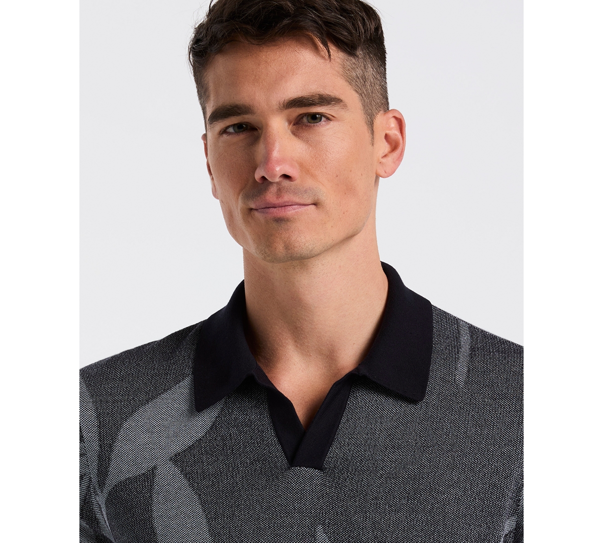 Perry Ellis Men's Short-Sleeve Leaf Patterned Open Polo Collar Sweater