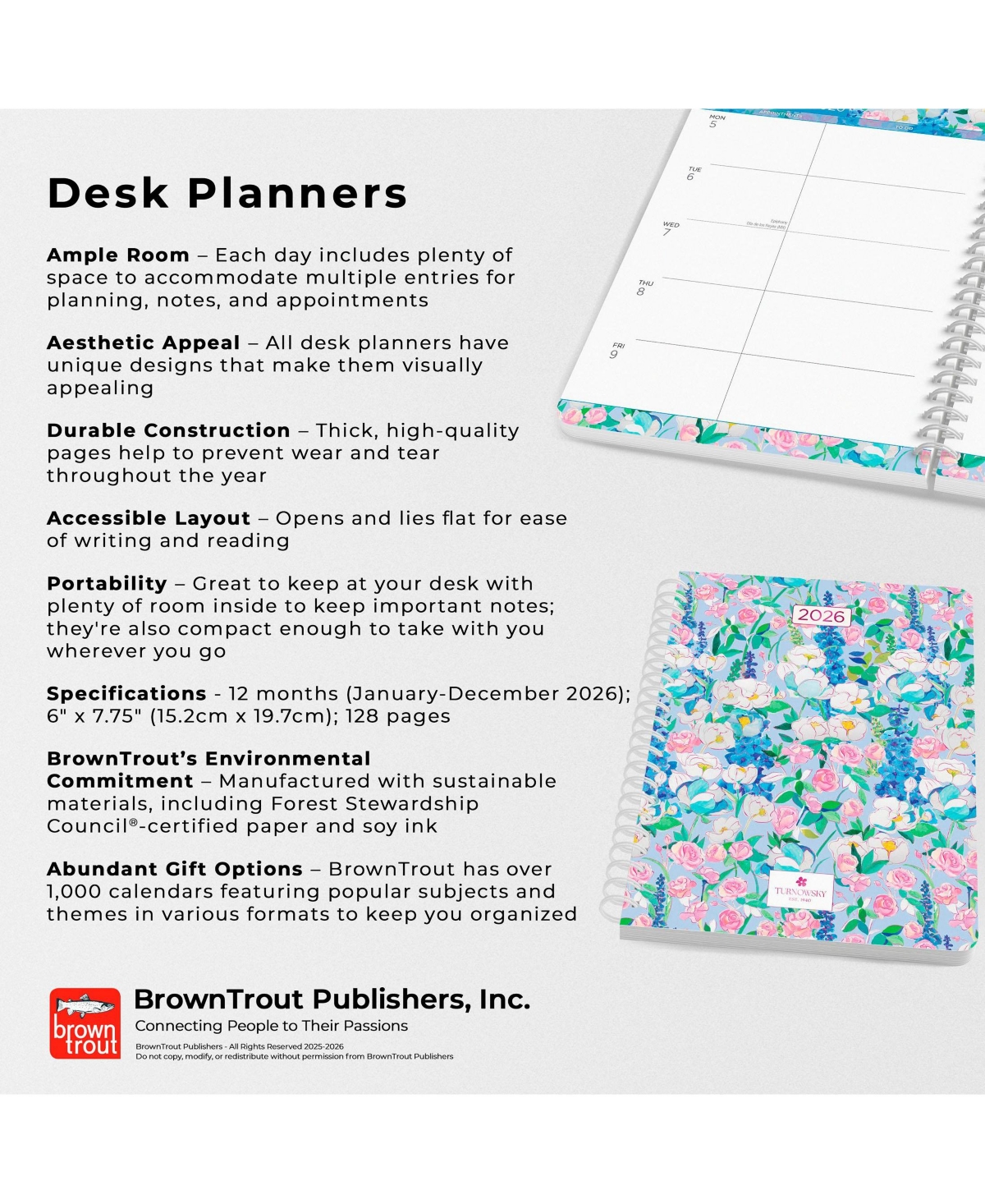 BrownTrout House of Turnowsky Official | 2026 6 x 7.75 Inch Weekly Desk Planner | Foil Stamped Cover