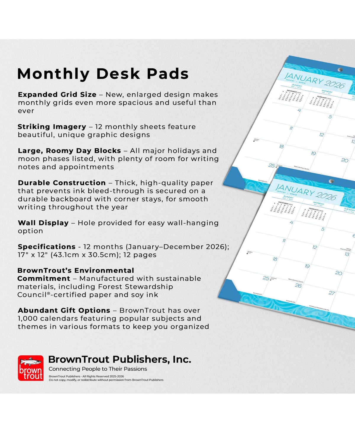 BrownTrout Seaside Currents | 2026 17 x 12 Inch Monthly Desk Pad Calendar