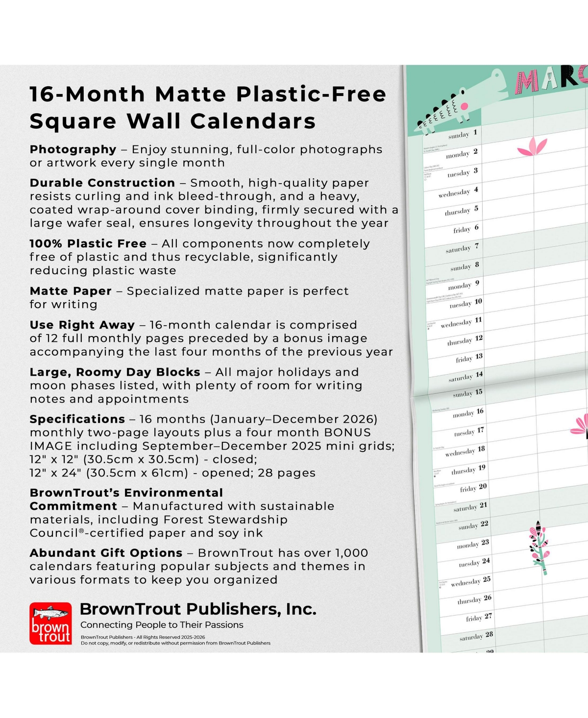 BrownTrout Plastic-Free Matte Paper Monthly Wall Calendar with Sticker Sheet, 12 x 24 Inch, The Very Busy Family Organizer 2026