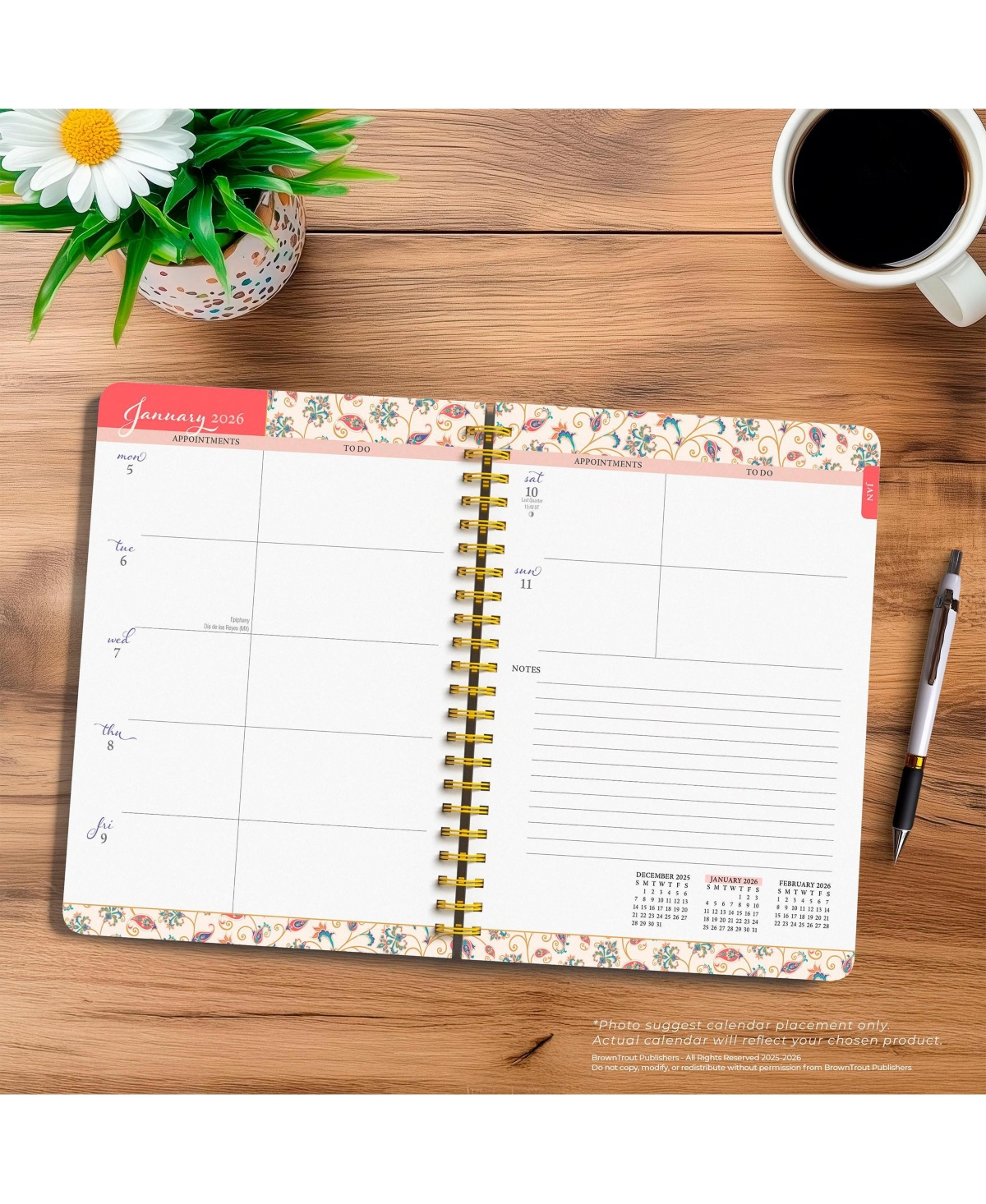 BrownTrout Tuscan Delight | 2026 6 x 7.75 Inch Weekly Desk Planner | Foil Stamped Cover