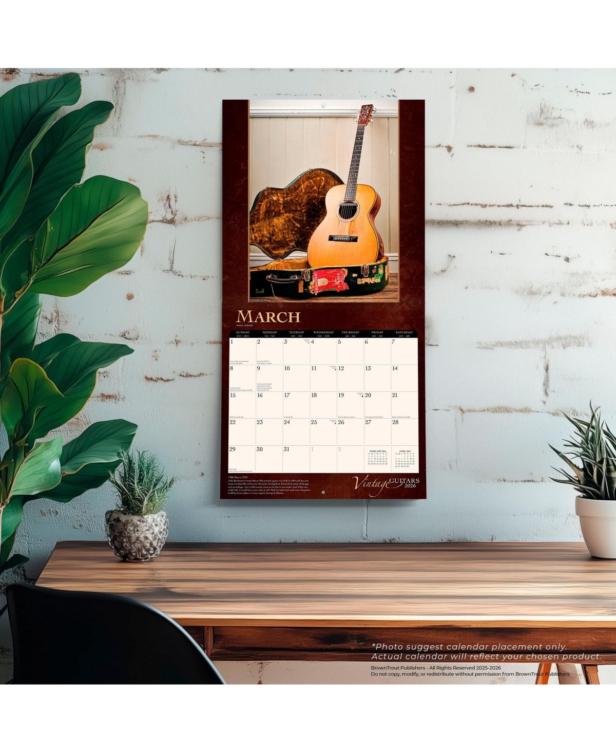 BrownTrout Vintage Guitars | 2026 12 x 24 Inch (Hanging) Monthly Square Wall Calendar | Foil Stamped Cover | Plastic-Free