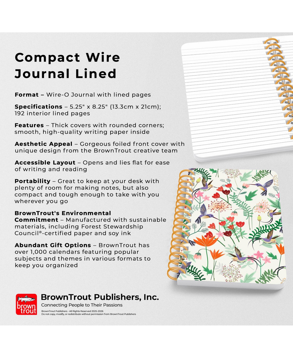 BrownTrout Hummingbirds | 5.25 x 8.25 Inch Compact Wire Journal | Non-Dated | Foil Stamped Cover.